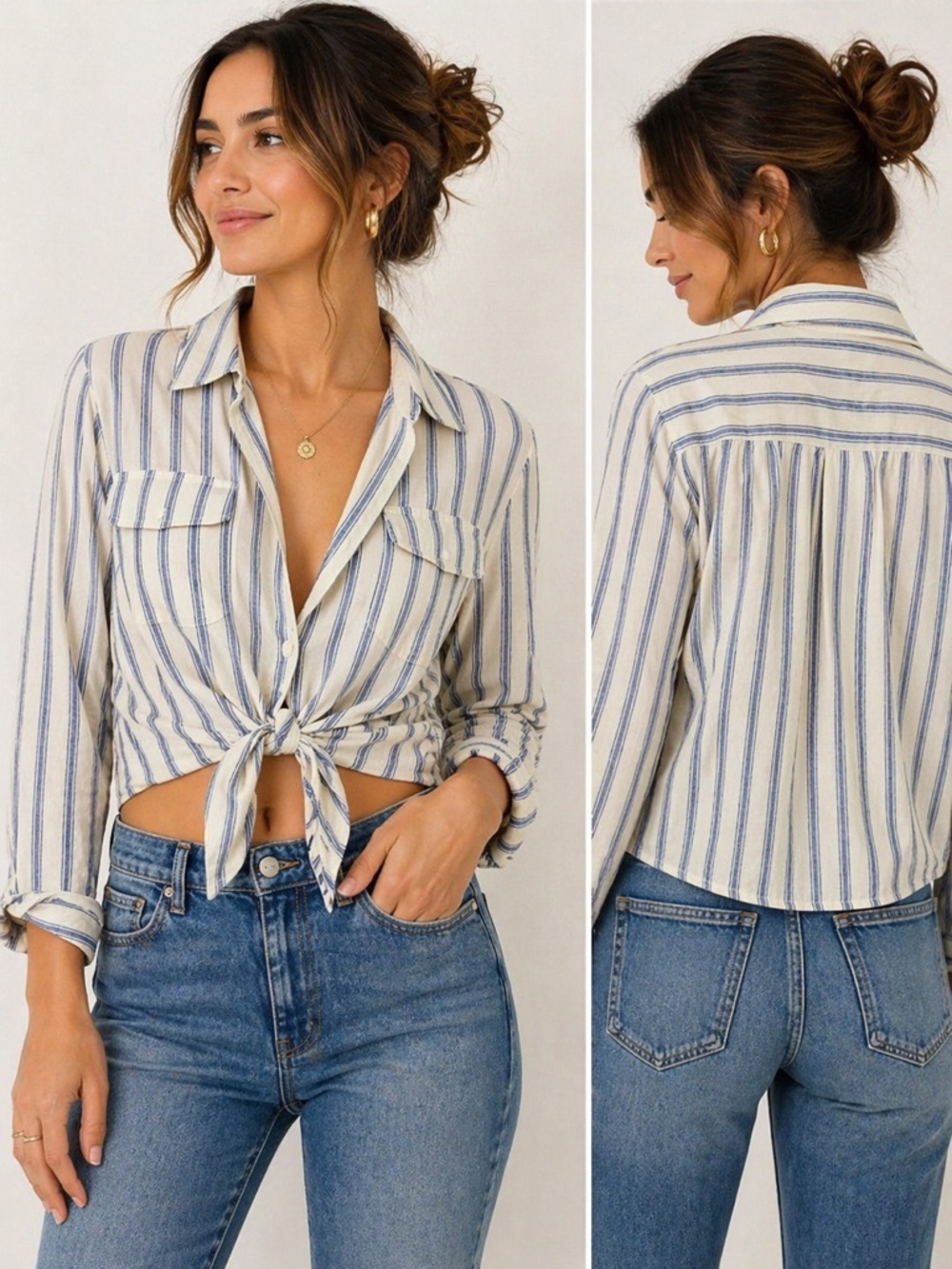 By Together Striped Tie Front Crop Top Blue White Cotton NWT Size M